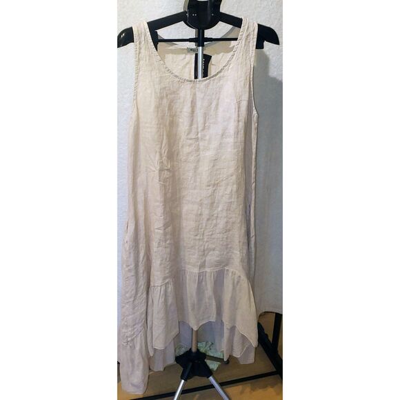 Meo Meli 100% Linen Tan Sleeveless Dress with Hi/Low Hem. Made in Italy - Picture 1 of 15